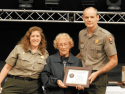 Julie Schuller (center) accepts the Enduring Service Award for her commitment to sharing Yosemite’s history over the past 22 years. The award was presented by Mike Gauthier, Yosemite National Park Chief of Staff (right) and Heather Boothe, Yosemite National Park Volunteer Program Manager (left).