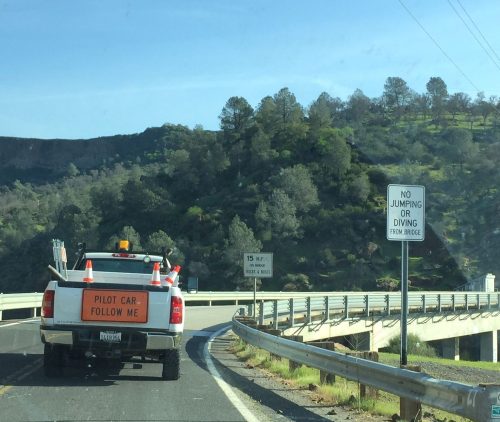 Pilot vehicle at Lake Tulloch Bridge