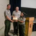 Acting Superintendent Chip Jenkins Awards Park Ranger Sharon Miyako the 2016 Barry Hance Award. From Left to Right: Acting Superintendent Chip Jenkins, Park Ranger Ron Borne, Park Ranger Sharon Miyako