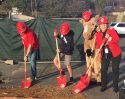Contractor Evan Royce, Student body President William Spear, the Curtis Creek Mustang Mascot, and Superintendent Sharon Johnson