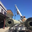 Crew replacing streetlights on South Washington Street in downtown Sonora