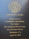 Plaque awarded to Cameron Medeiros