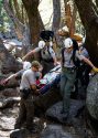 Rescue personnel transporting a patient on a litter from Lower Yosemite Fall boulder field