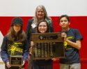Winners 45th Spelling Bee L-R, R.Lindenberg(2nd),S.Silos (3rd),J.Fowler (1st), Couunty Superintendent Cathy Parker in back