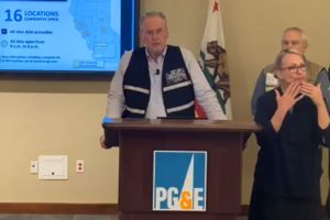 PGE CEO Bill Johnson fields question during a press conference regarding PSPS in October 2019