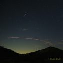 Perseid meteor over New Melones Aug 10 2020 with CAL fire aircraft flight path creating red dotted line