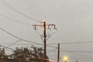 PG&E power pole on fire on Stewart Street in downtown Sonora