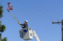 PGE worker retrieving a metallic balloon entangled in a power line