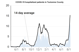A 14-day average of Tuolumne County Hospitalizations with a one day lag.