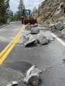 Caltrans crews work to remove a boulder on Highway 108-Sonora Pass
