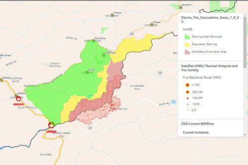 Electra Fire in Amador and Calaveras County updated evacuation zone map 7-9-22