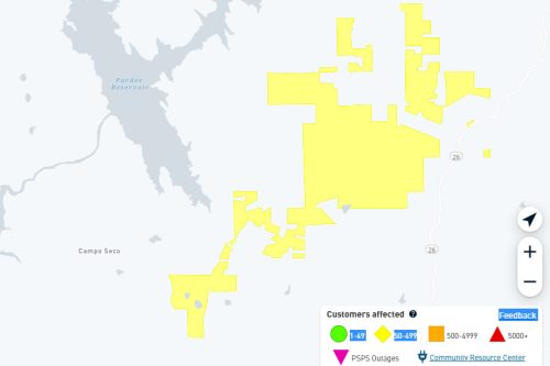 PG&E outage in Calaveras County South of Pardee Reservoir