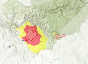 Oak Fire -Evac orders in red and advisories in yellow
