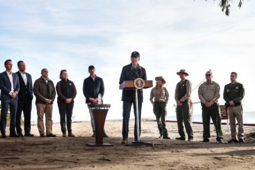 President Joe Biden Speaks In California with Governor Newsom and others in the background