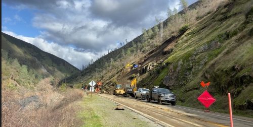 Caltrans crews work to remove a landslide on HWY 140 in Mariposa County
