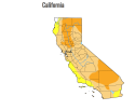 US Drought Monitor Map of California (yellow is abnormally dry, light orange is moderate drought and dark orange is severe drought)