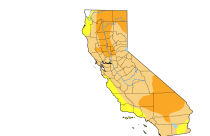 US Drought Monitor Map of California (yellow is abnormally dry, light orange is moderate drought and dark orange is severe drought)