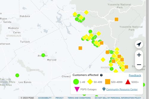 Power Outages in Tuolumne, Mariposa and Merced counties
