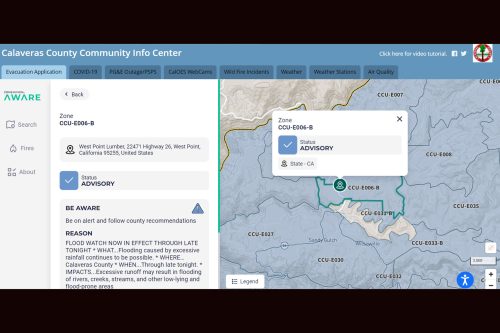 Calaveras County Evacuation Zone map