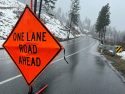 One-lane road sign on HWY 120 near Hardin Flat Road intersection