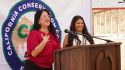 Veronica Cortina, left, and Janell Bunch, right, share how the $2.4 million grant to the Tuolumne Band of Me-Wuk Indians will benefit tribal youth and educational programs.