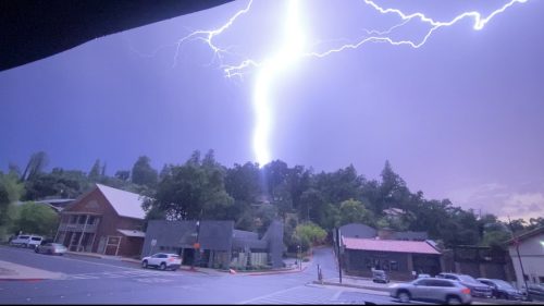 Saturday night lightning strike in downtown Sonora - Photo by Laura Kampa
