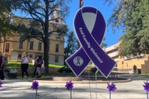 CNVC Paint the Town Purple signs along Washington Street in downtown Sonora