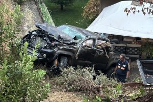 Pickup crash in backyard of residence on Oak Leaf Court in Jamestown -- Photo taken by Tuolumnecountycode3