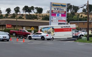 U-Haul truck stuck at Sonora Plaza entrance on Mono Way. Photo taken by: Laura Kampa