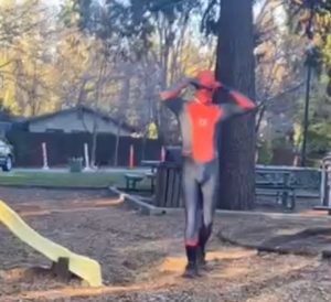 Screenshot of man dressed as Spiderman in Twain Harte