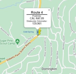 Caltrans road work on HWY 4 in the Dorrington area of Calaveras County map