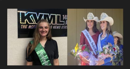 Miss Calaveras Arabelle Jones (left) and new Rodeo Queen Jaylen Buchanan (in blue on right)