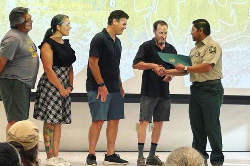 L to R Tom Hernandez, Kristen Whitt, Bob Bonomo, Dwight Follien and Jose Hernandez from the Forest Service. -- Photo taken by: Christina Wilkinson, Groveland Ranger District, U.S. Forest Service