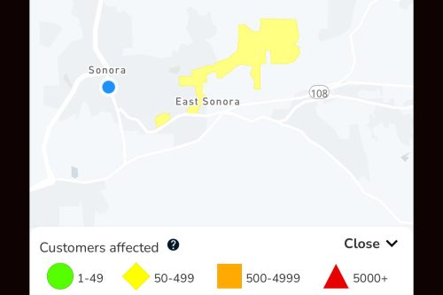 Power Outage in Sonora and East Sonora -- PGE map