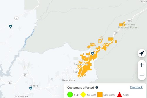 PGE power outage stretching from Twain Harte almost to Cold Springs in Tuolumne County