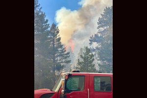 Peak Fire burning near Herring Creek Reservoir in the Stanislaus National Forest -- TCFD photo
