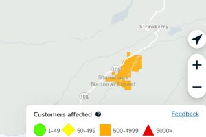 PGE power outage in the Stanislaus National Forest between Long Barn and Pincrest along HWY 108