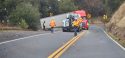 Semi and trailer stuck at the hairpin or “Tuttletown Ravine” on Highway 49 -- Caltrans District 10 photo