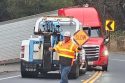 Semi and trailer stuck at the hairpin or “Tuttletown Ravine” on Highway 49 -- Caltrans District 10 photo