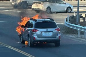 Subaru SUV on fire --CHP photo