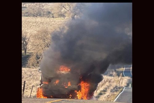 Truck fire in Burson with flames and smoke billowing into the sky -- CCF photo