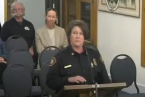 Chief Aimee New being recognized at the City Council meeting on Monday 4-7-2025
