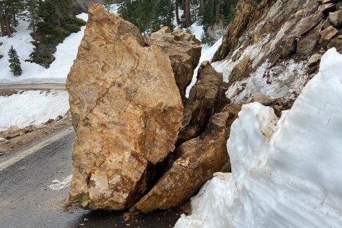 Large boulder blocking the Highway 4 Ebbetts Pass that had to be removed -- Caltrans District 10 photo
