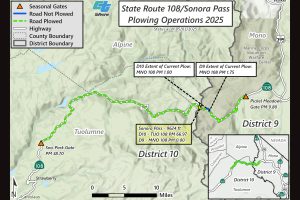 Caltrans map of HWY 108 Sonora Pass plows getting closer to completing snow removal