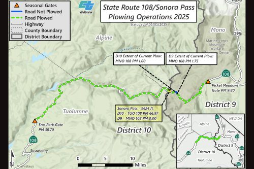 Caltrans map of HWY 108 Sonora Pass plows getting closer to completing snow removal