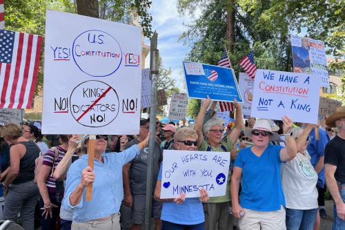 Protesters supporting the No Kings Rally at Courthouse Park in downtown Sonora -- Photo taken by Tracey Petersen