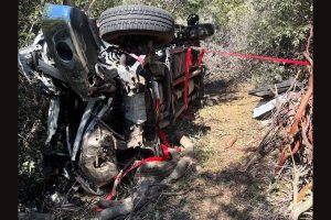 Pickup crash on Highway 120 where a rope rescue performed to get the pinned driver out—TCFD photo