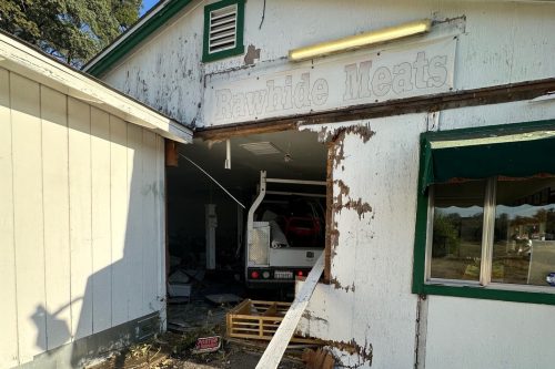 Vehicle crash into the Rawhide Meats building on Highway 108 at the Rawhide Road intersection in Sonora -- Photo taken by Eric Icenogle