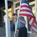 SPD officers put up flags along Washington Street in downtown Sonora as a symbol of unity and respect—SPD photo