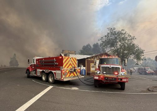 6-5 fire image of 2 fire engines at Chinese CampStore/Tavern from CAL Fire